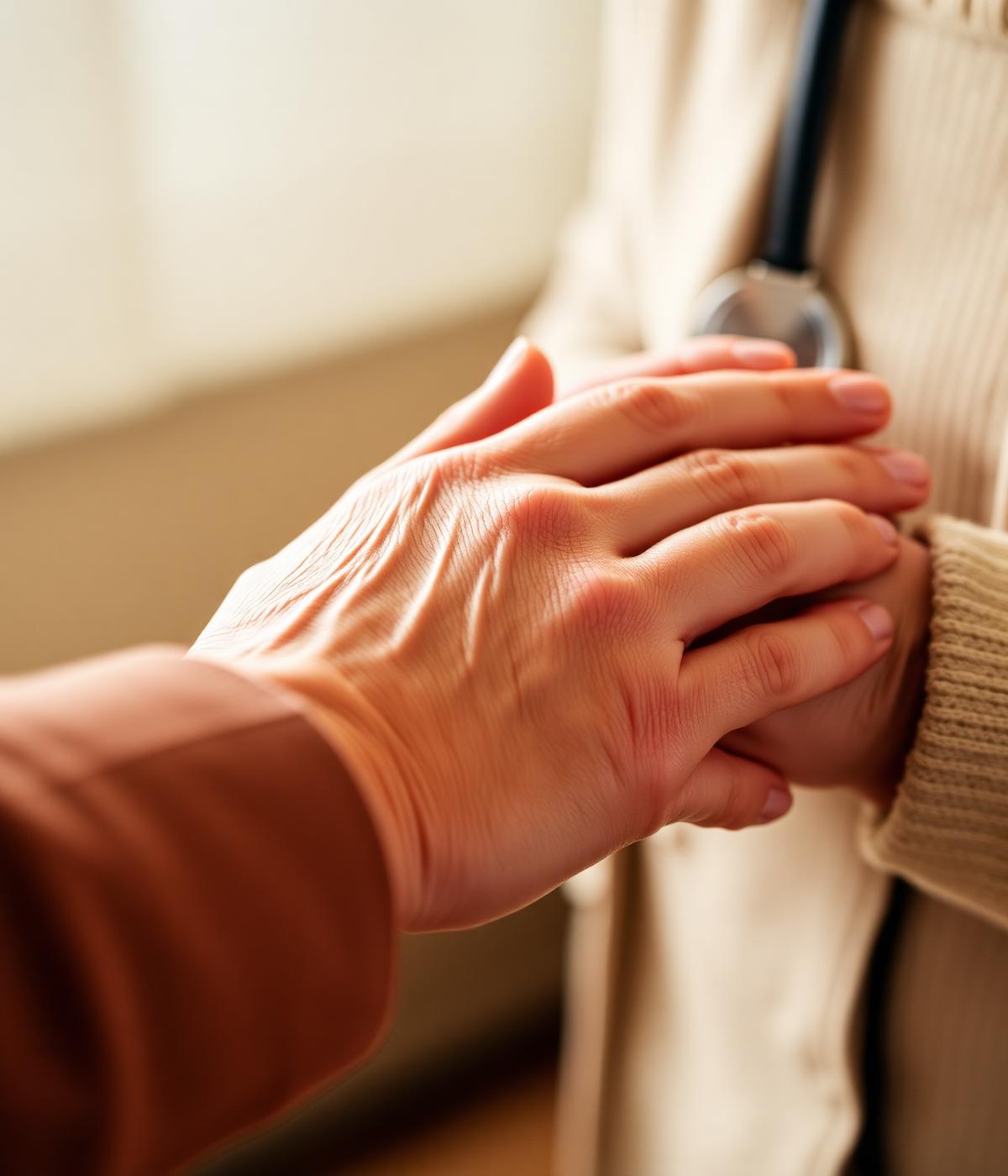 A caregiver holding an elderly person's hand